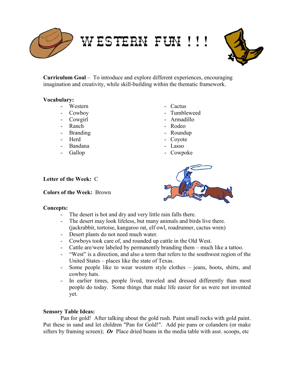 Curriculum overview introduces western vocabulary, letter C, the color brown, desert concepts, and gold panning