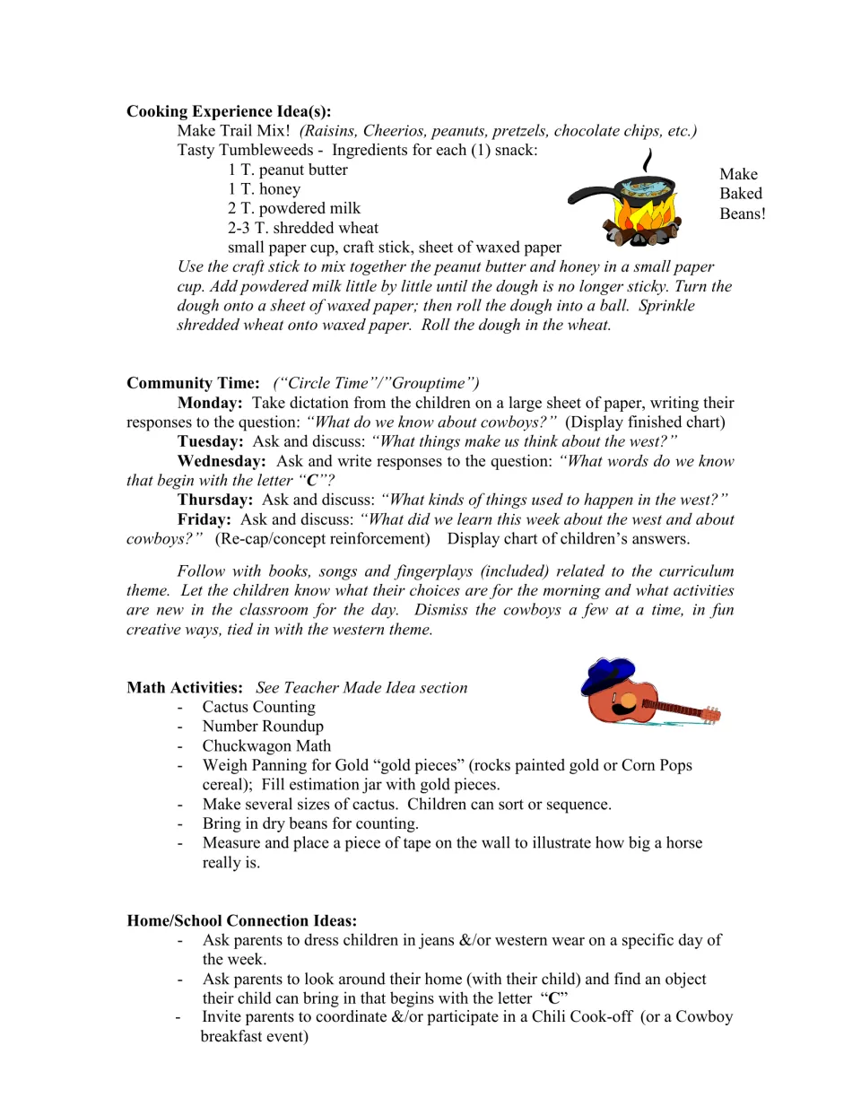 Western curriculum ideas cover trail mix, Tasty Tumbleweeds snacks, daily circle time, math, and family involvement