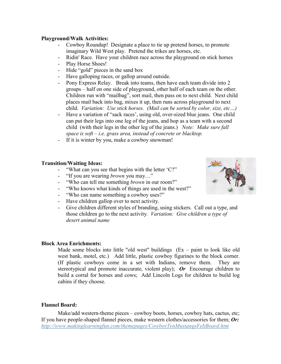 Western curriculum ideas include playground races, letter C transition prompts, block corrals, and flannel pieces