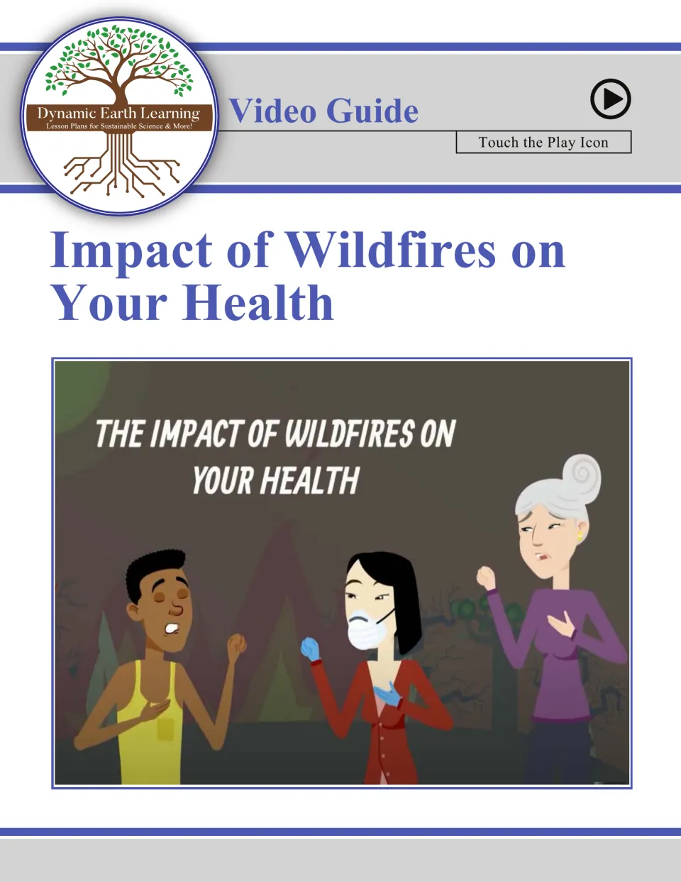 Video guide cover for Impact of Wildfires on Your Health, with a play icon and a cartoon of three people holding their chests