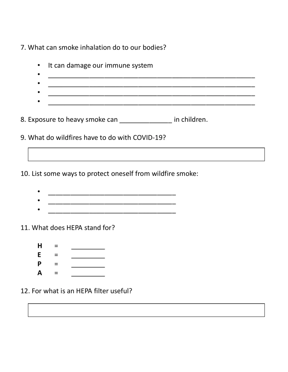 Smoke inhalation effects: students list harms to the body, link wildfires to COVID-19, list protections and spell out HEPA
