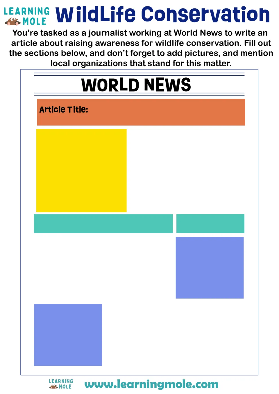 News article writing activity: raise awareness for wildlife conservation, add pictures, name local organizations.