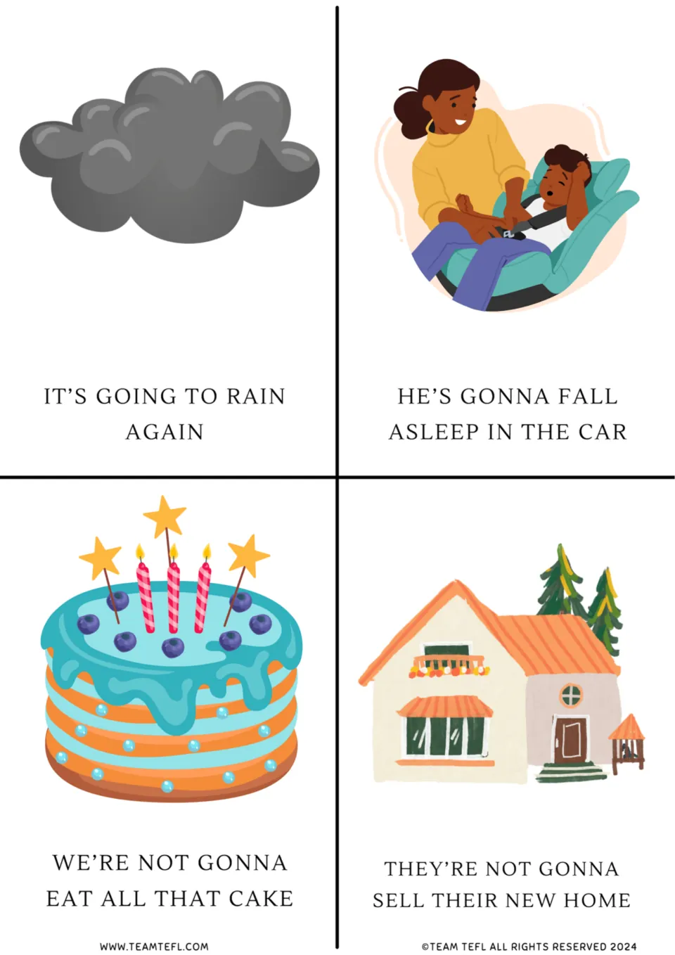 Future-form flashcards 1–4: rain, falling asleep in the car, not eating all the cake, and not selling a home