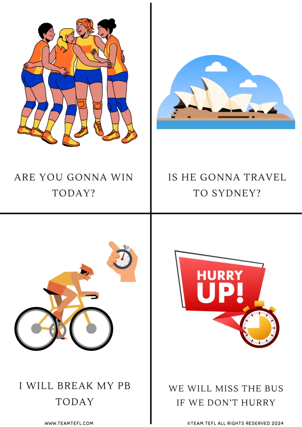 Future-form flashcards 5–8: winning today, traveling to Sydney, breaking a personal best, and missing the bus