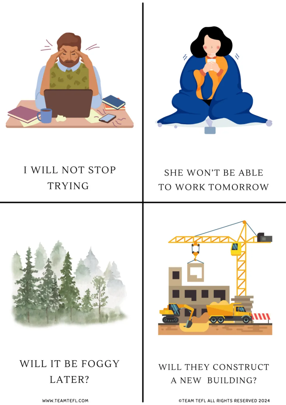 Future-form flashcards 9–12: not stopping, being unable to work, foggy weather, and constructing a building
