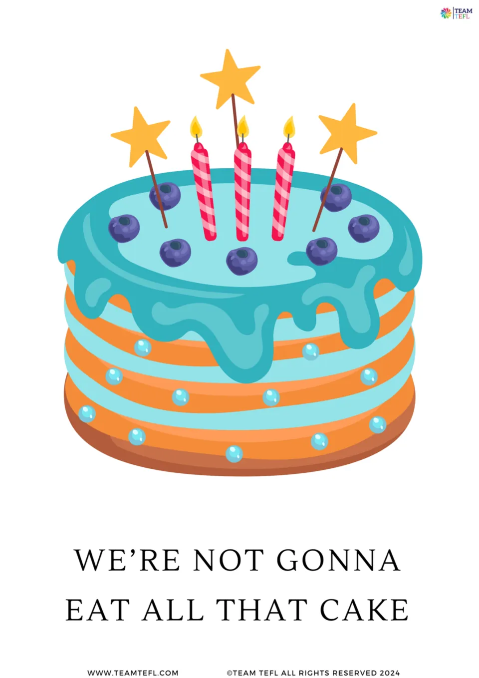 Full-page future-form flashcard: “We’re not gonna eat all that cake,” illustrated with a birthday cake