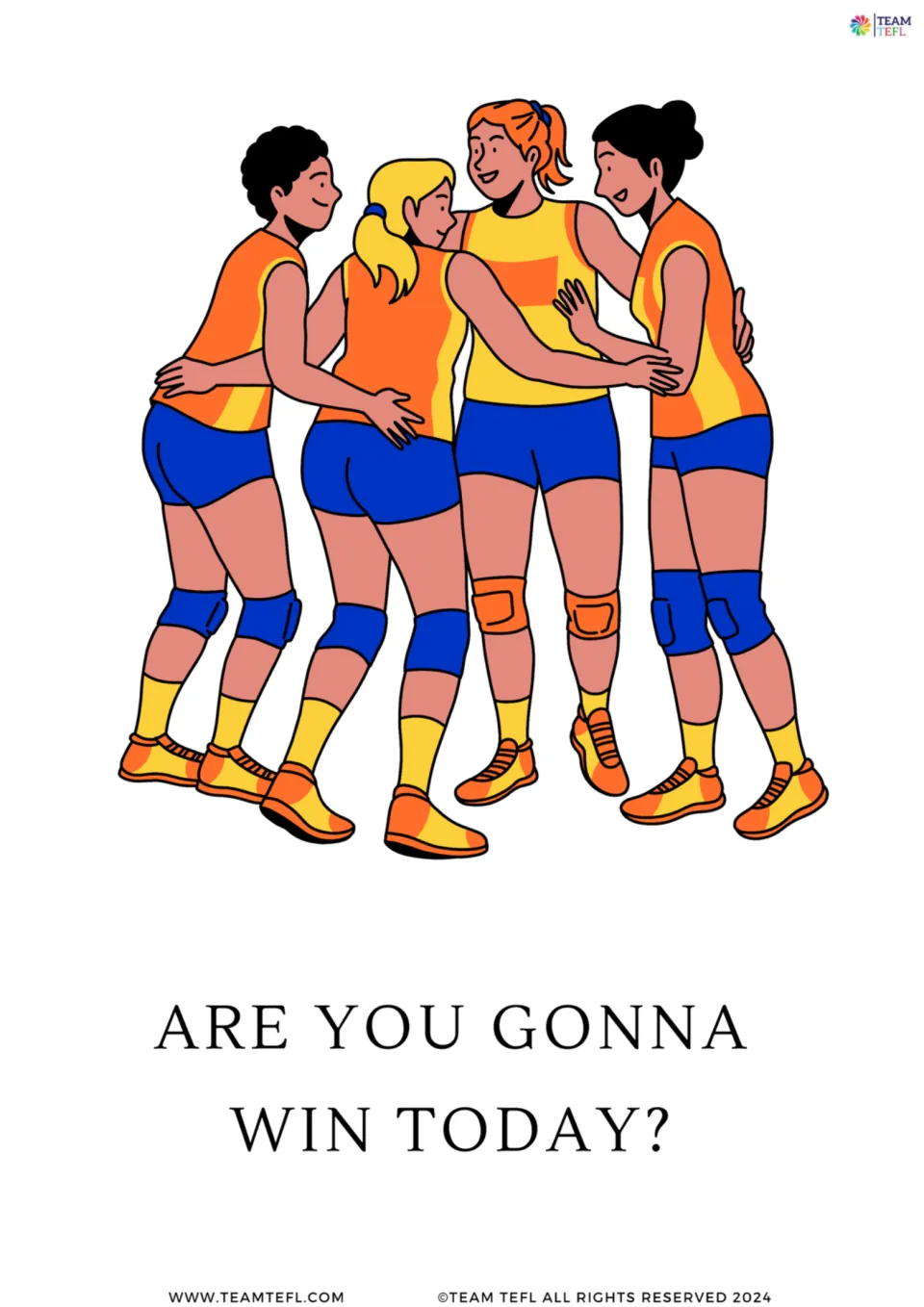 Full-page future-form flashcard: “Are you gonna win today?”, illustrated with a sports team huddle