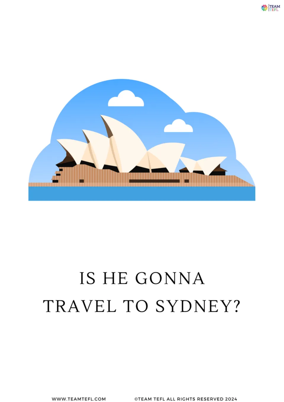 Full-page future-form flashcard: “Is he gonna travel to Sydney?”, illustrated with the Sydney Opera House