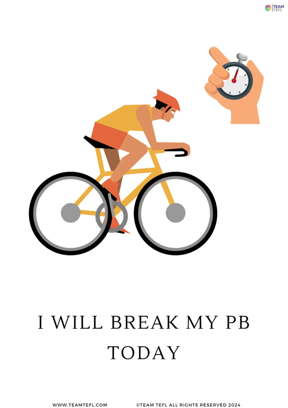 Full-page future-form flashcard: “I will break my PB today,” illustrated with a cyclist and stopwatch