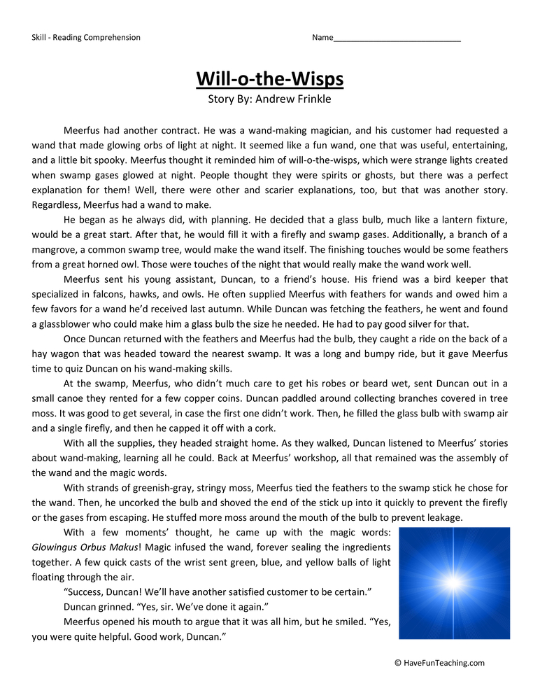 Will-o-the-Wisps Reading Comprehension Worksheet teaching resource preview