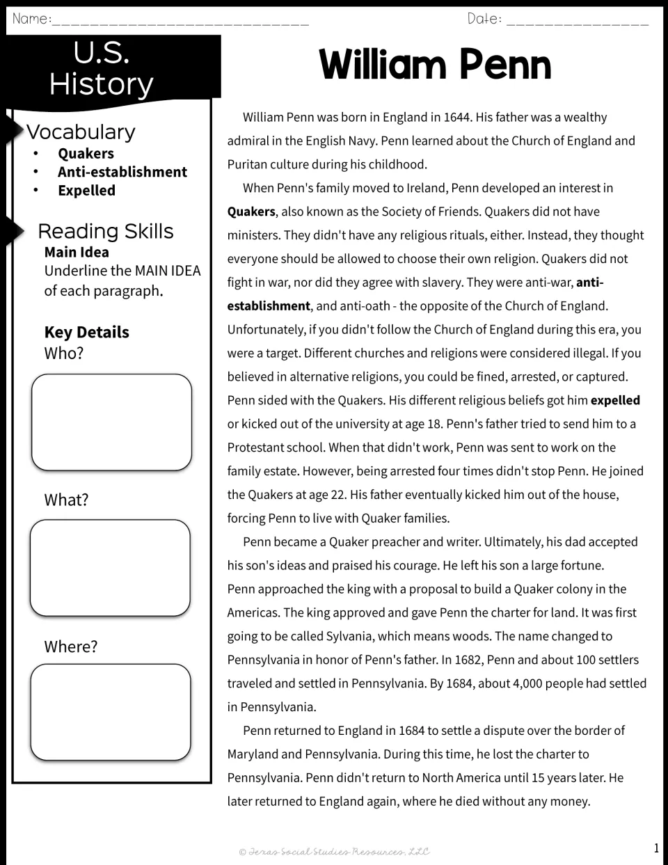 Biographical passage about William Penn, his Quaker beliefs, and Pennsylvania, with vocabulary and key details