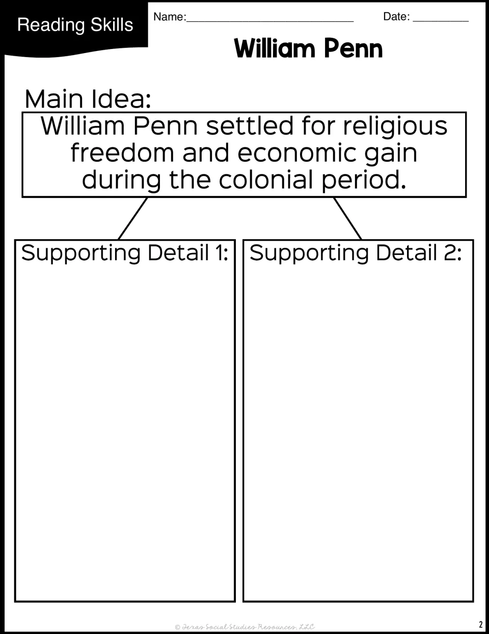 Main idea organizer about Penn settling for religious freedom and economic gain, seeking two supporting details