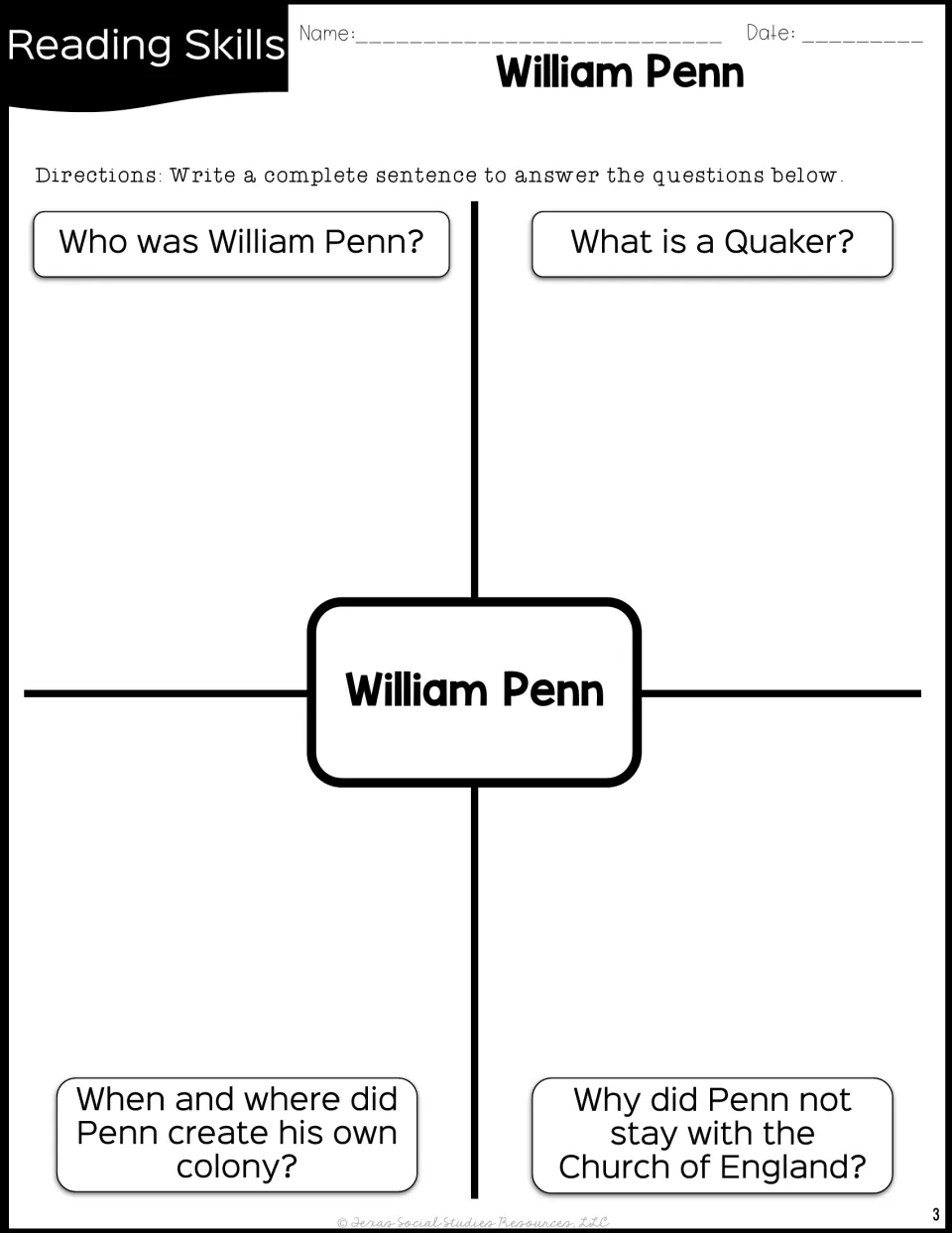 Four-question organizer asks about Penn, Quakers, his colony, and why he left the Church of England