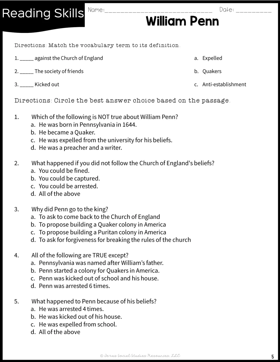 Vocabulary matching for Quakers, anti-establishment, and expelled, followed by five questions about Penn