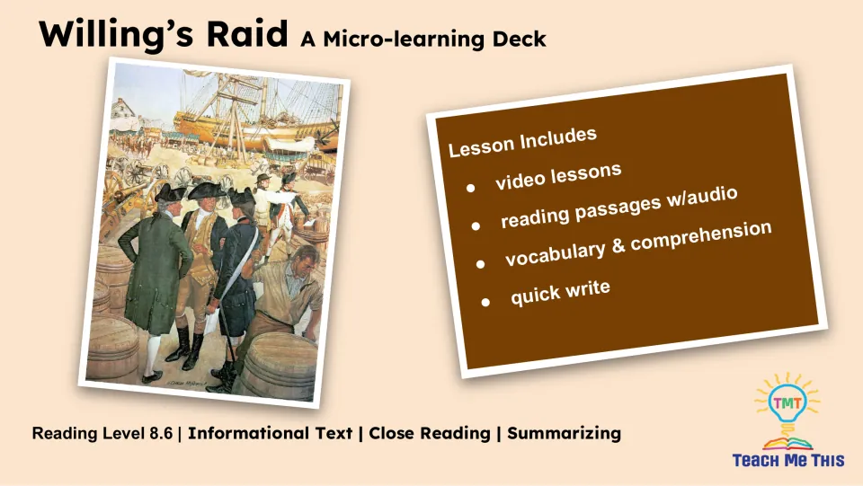 Lesson overview listing video lessons, reading passages with audio, vocabulary, comprehension, and a quick write
