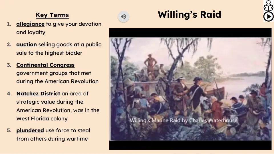 Vocabulary and video slide defining allegiance, auction, Continental Congress, Natchez District, and plundered