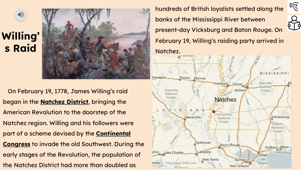 Reading passage part 1 introduces James Willing's February 19, 1778, raid in the Natchez District, with a map