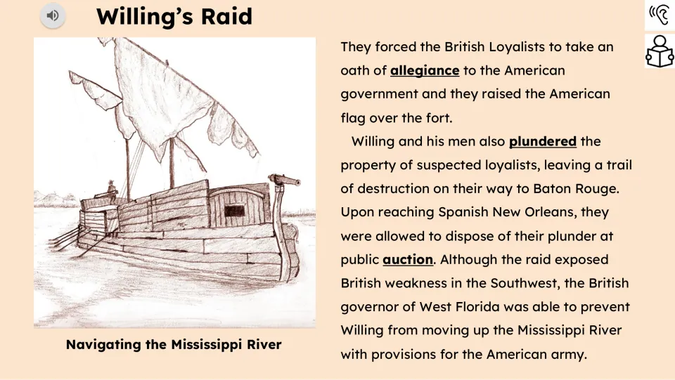 Reading passage part 2 covers forced allegiance, plunder, a public auction, and British efforts to stop Willing