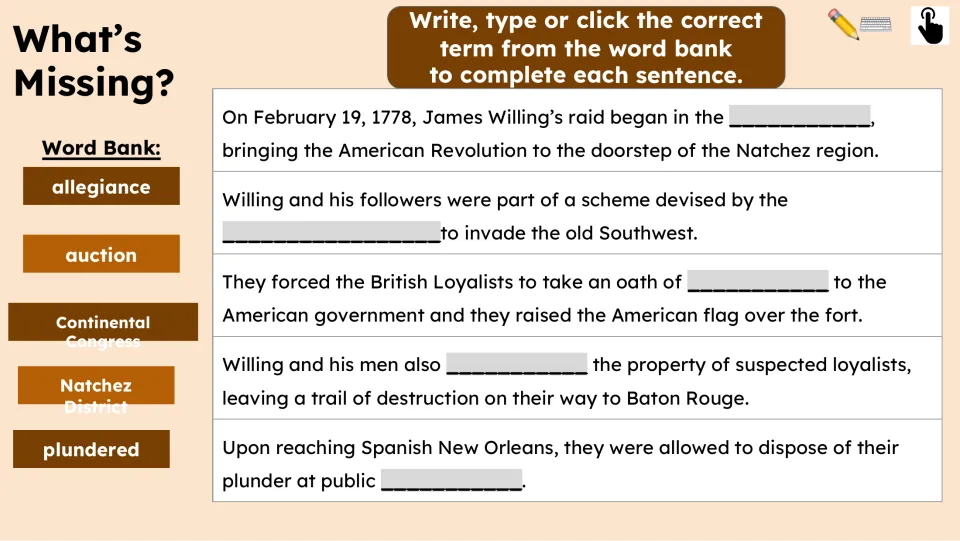 Fill-in-the-blank practice uses five terms to complete sentences about the raid, allegiance, and stolen property
