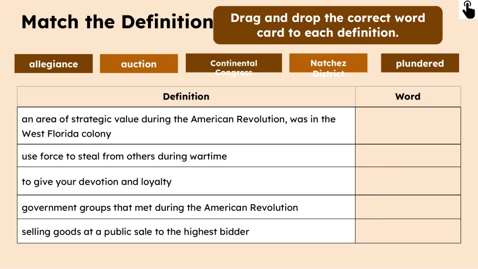 Vocabulary matching activity asks students to pair five definitions with the key terms from the raid lesson