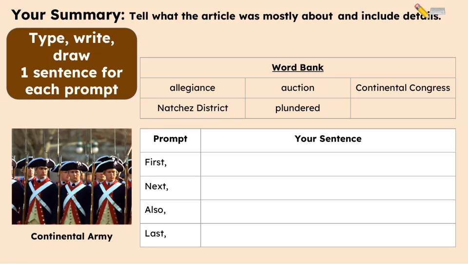 Summary activity asks for one sentence each for First, Next, Also, and Last, using a five-term word bank