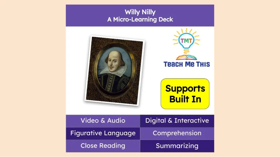 Cover of Willy Nilly: A Micro-Learning Deck, listing video, audio, comprehension, and summarizing features
