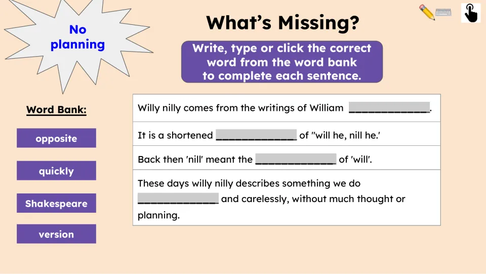 Fill-in-the-blank practice reviews the passage using the words opposite, quickly, Shakespeare, and version