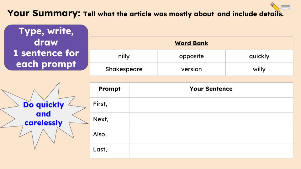 Summary activity asks for one sentence each using First, Next, Also, and Last, supported by a word bank