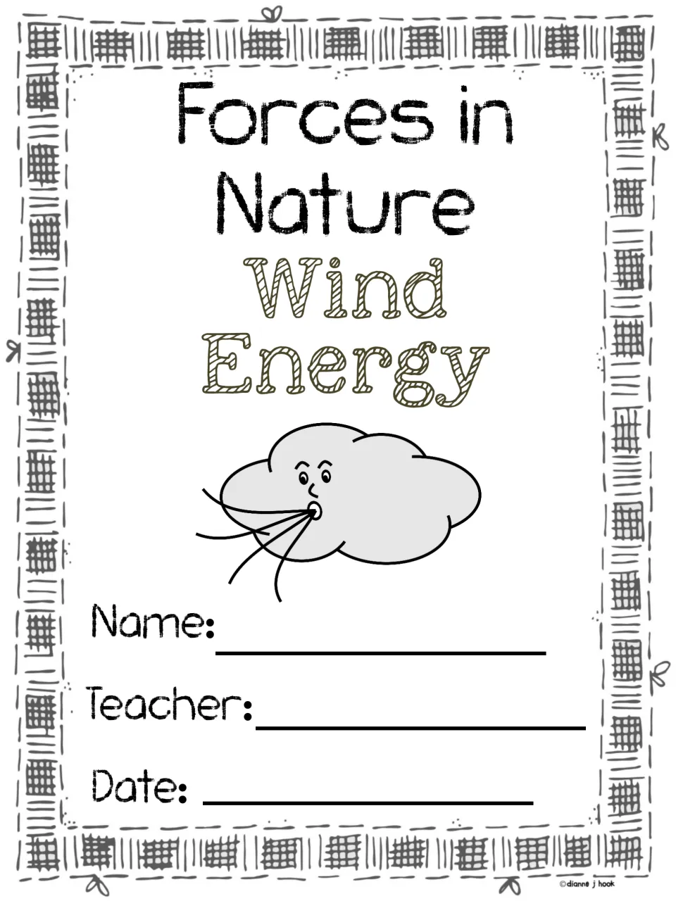 Forces in Nature: Wind Energy student report cover with a blowing cloud and spaces for name, teacher and date