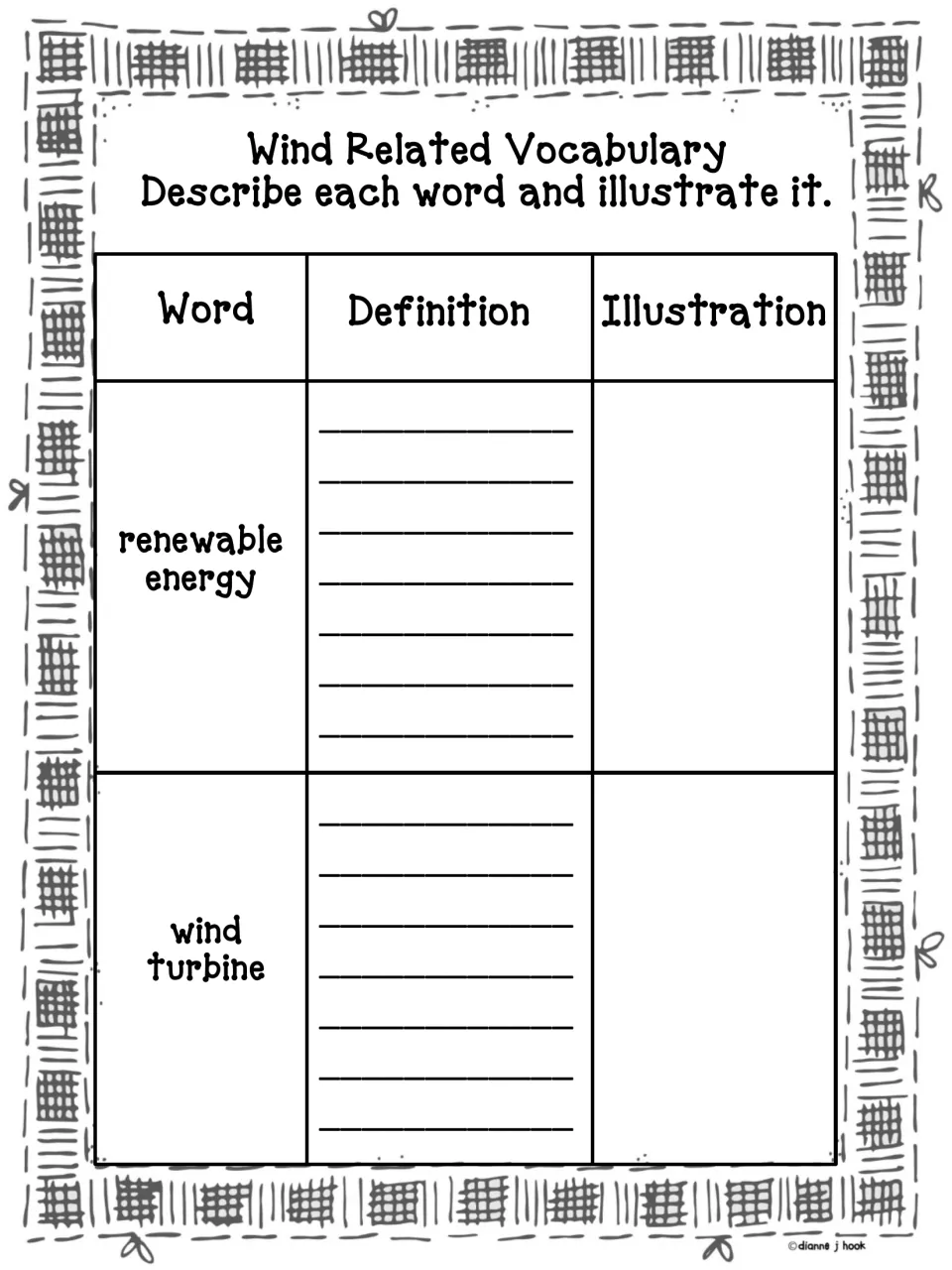 Wind Related Vocabulary: students define and illustrate 'renewable energy' and 'wind turbine'