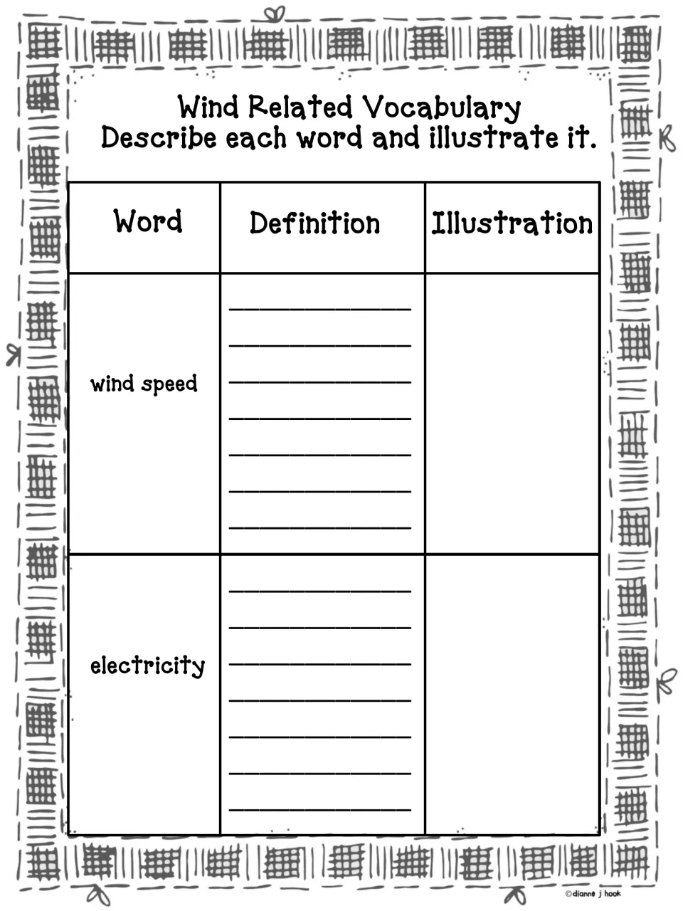 Wind Related Vocabulary: students define and illustrate 'wind speed' and 'electricity'