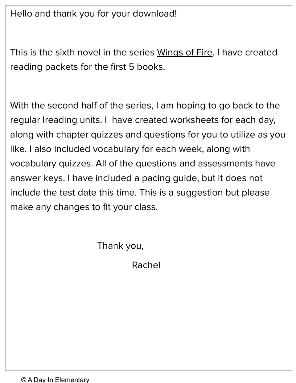 Teacher welcome note explaining the packet has daily worksheets, chapter quizzes, weekly vocabulary and answer keys