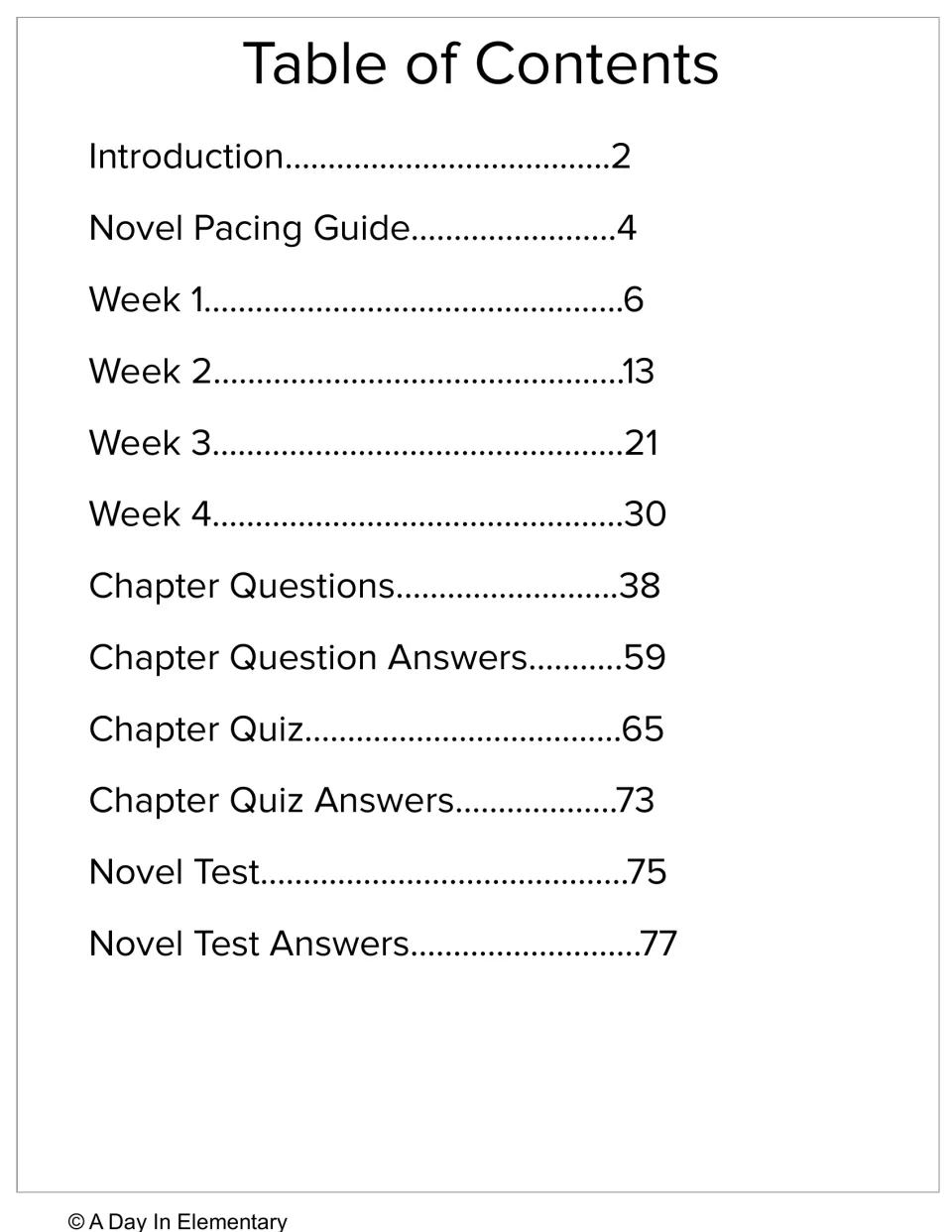 Table of contents listing introduction, pacing guide, Weeks 1 to 4, chapter questions, quizzes, novel test and answers