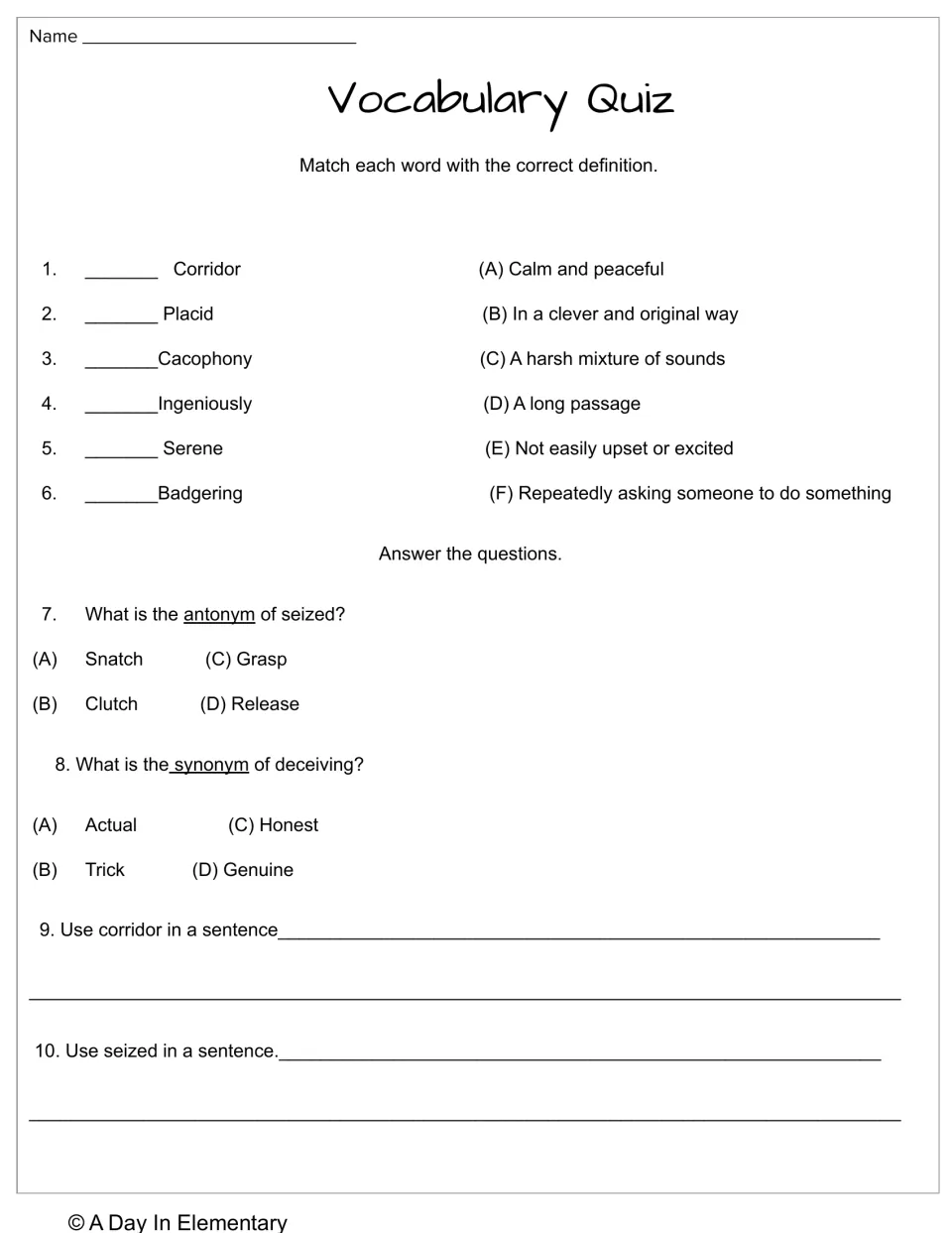 Vocabulary quiz: students match six words to definitions, pick a synonym and antonym, and write two sentences