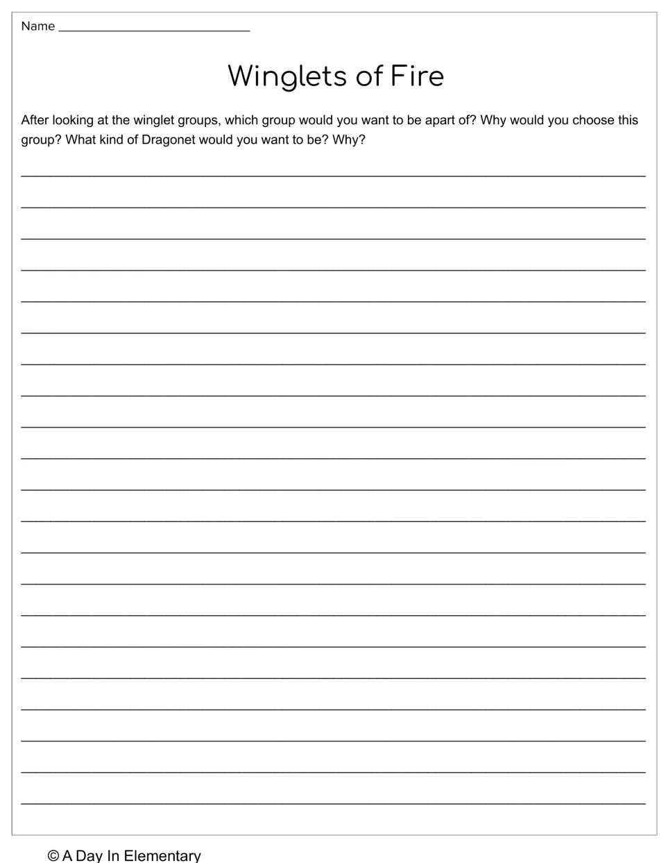 Winglets of Fire writing prompt: students choose a winglet group and the kind of dragonet they would be, and explain why