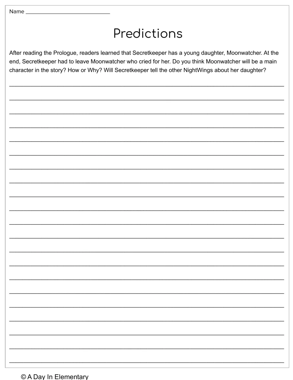 Predictions after the Prologue: students write if Moonwatcher will be a main character and if Secretkeeper tells others