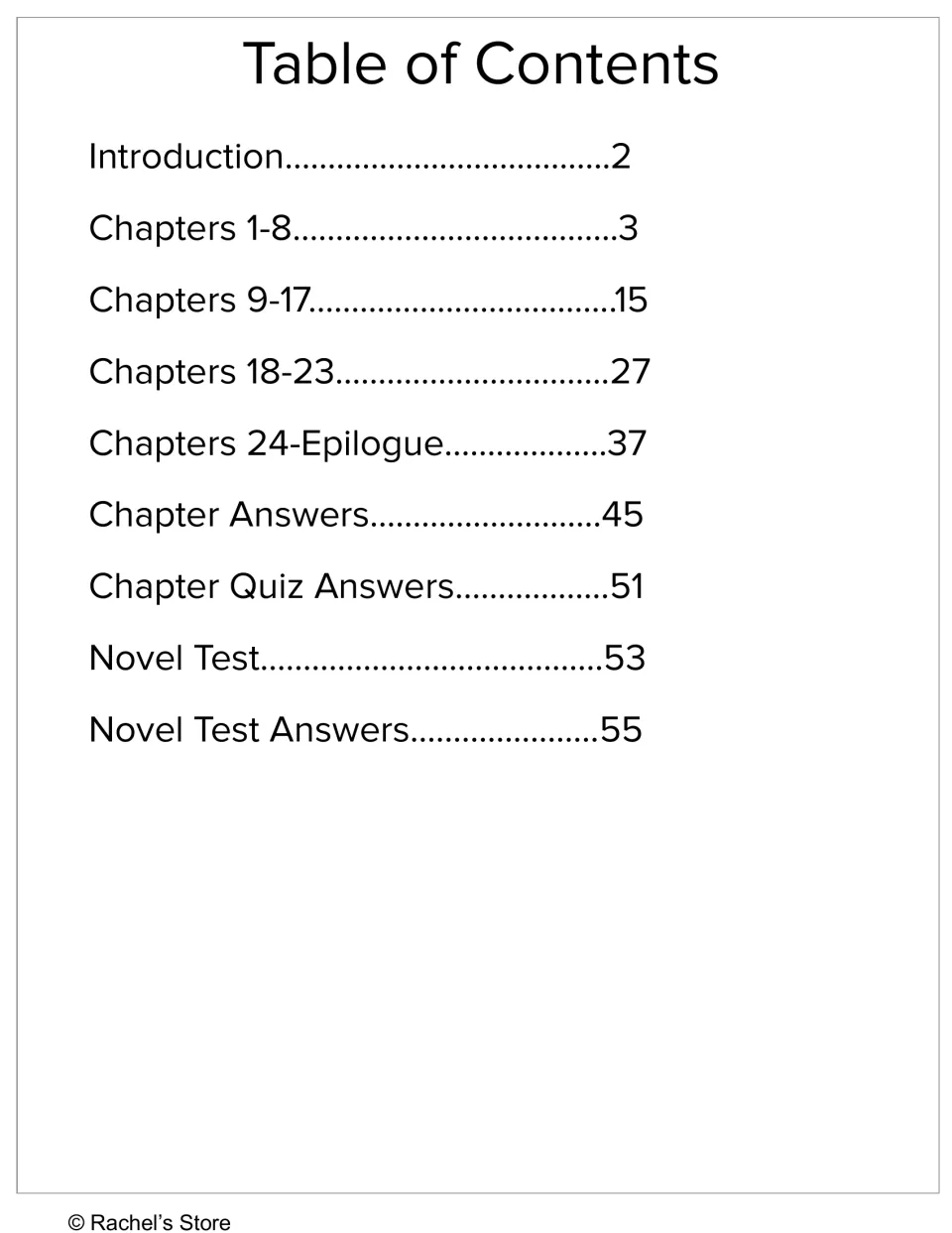 Novel study contents list four chapter sections, chapter answers, quiz answers, a novel test, and test answers