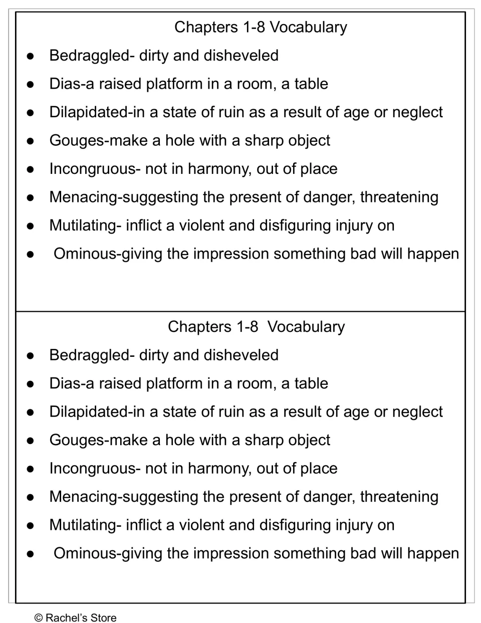 Chapters 1–8 vocabulary list defines bedraggled, dilapidated, gouges, and five more words, printed twice