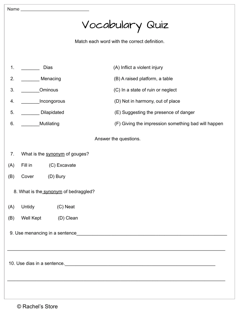 Chapters 1–8 vocabulary quiz includes definition matching, synonyms for gouges and bedraggled, and sentence writing