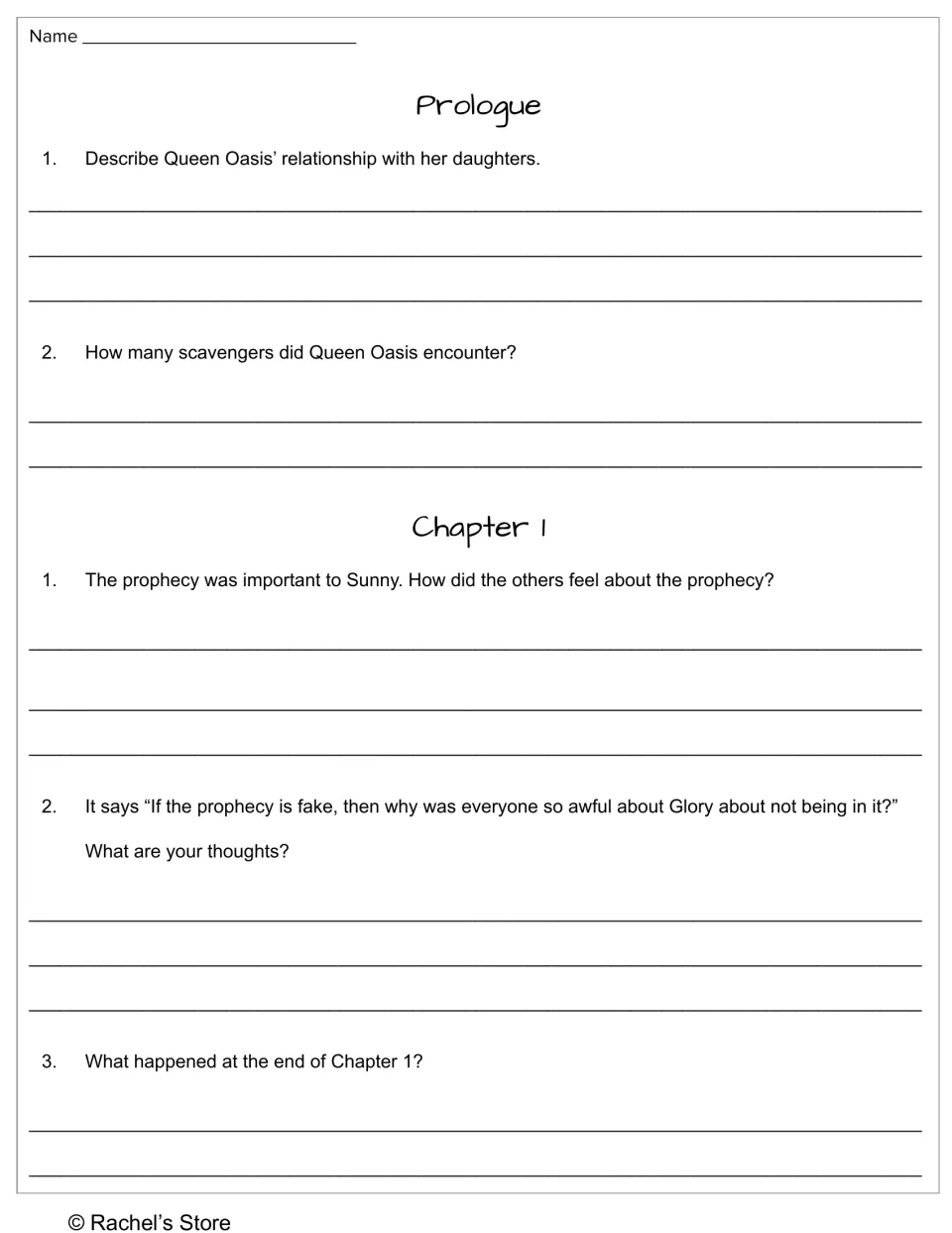 Prologue and Chapter 1 questions address Queen Oasis, her daughters, scavengers, Sunny, and the prophecy