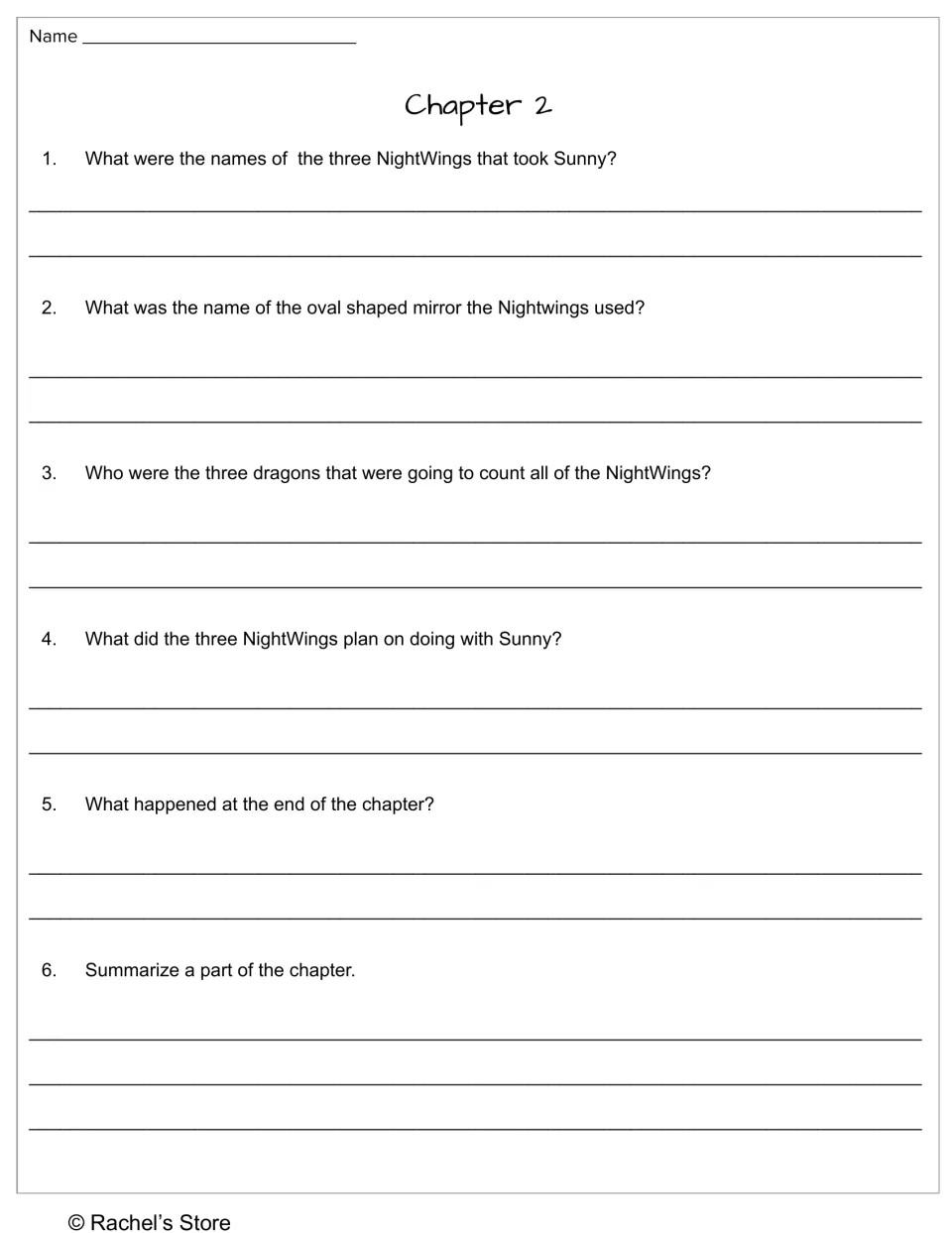 Chapter 2 reading questions cover Sunny's NightWing captors, their mirror and plans, and a chapter summary