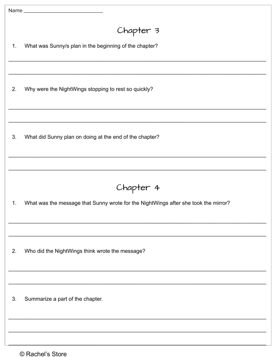 Chapters 3–4 questions cover Sunny's plans, the NightWings' rest stops, and her message after taking the mirror
