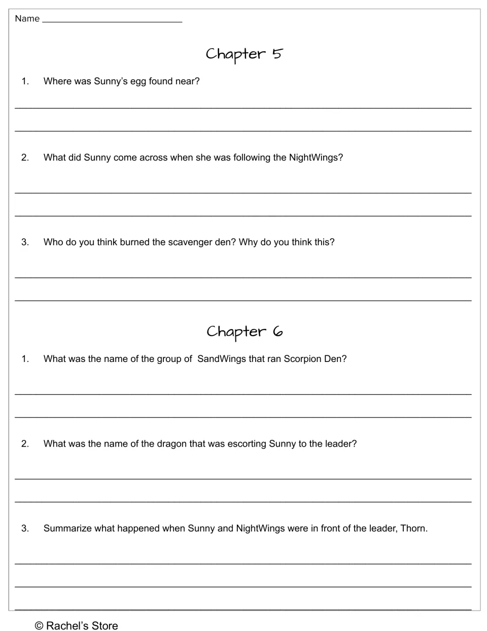 Chapters 5–6 questions cover Sunny's egg, a burned scavenger den, Scorpion Den, and the meeting with Thorn