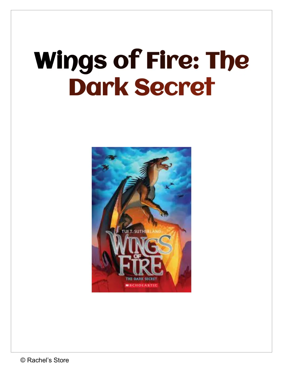 Novel study cover for Wings of Fire: The Dark Secret, featuring the book cover and Rachel’s Store credit