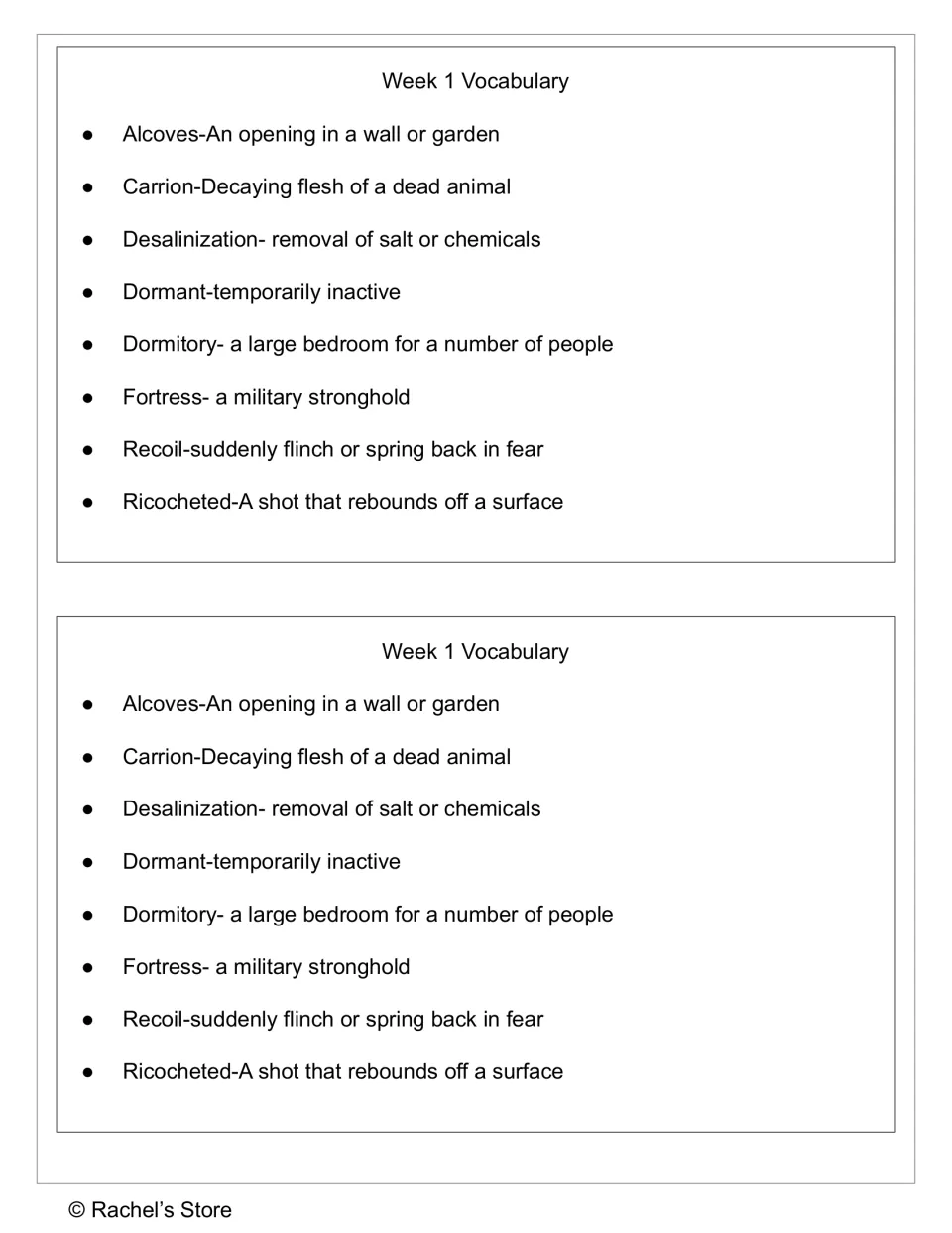 Week 1 vocabulary list printed twice: alcoves, carrion, desalination, dormant, and four more words with definitions
