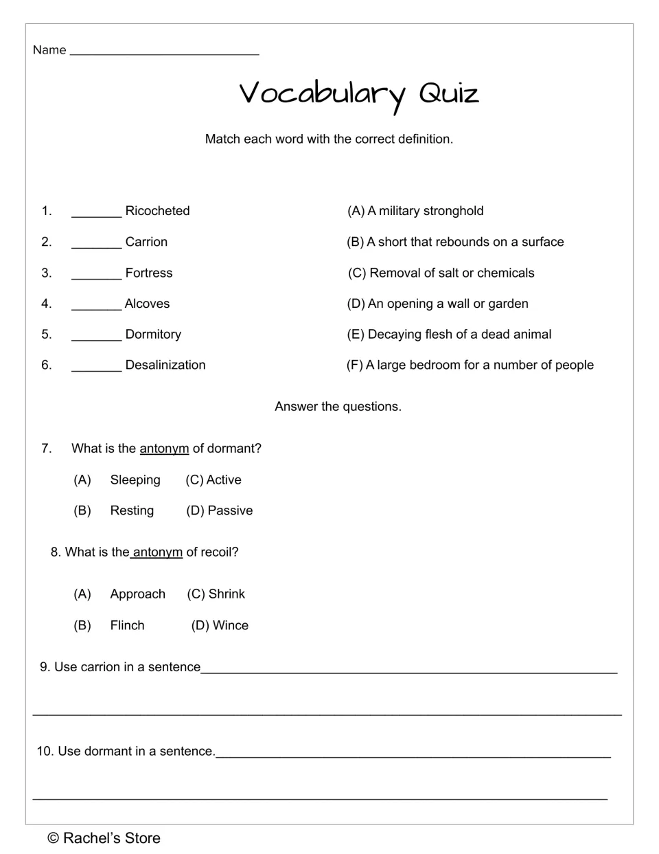 Week 1 vocabulary quiz with six definition matches, two antonym questions, and sentences using carrion and dormant