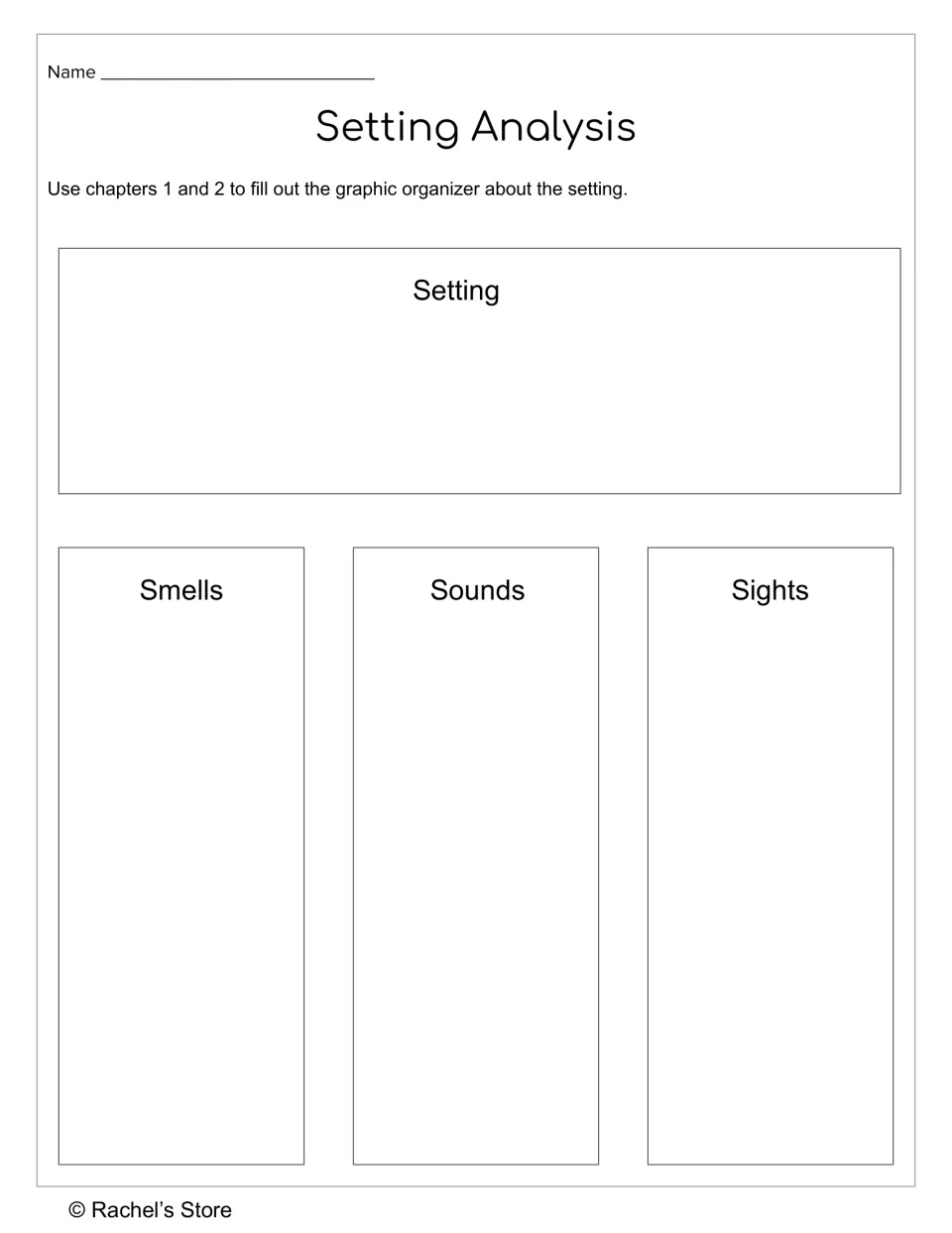 Setting analysis organizer for Chapters 1 and 2, asking students to record the setting, smells, sounds, and sights