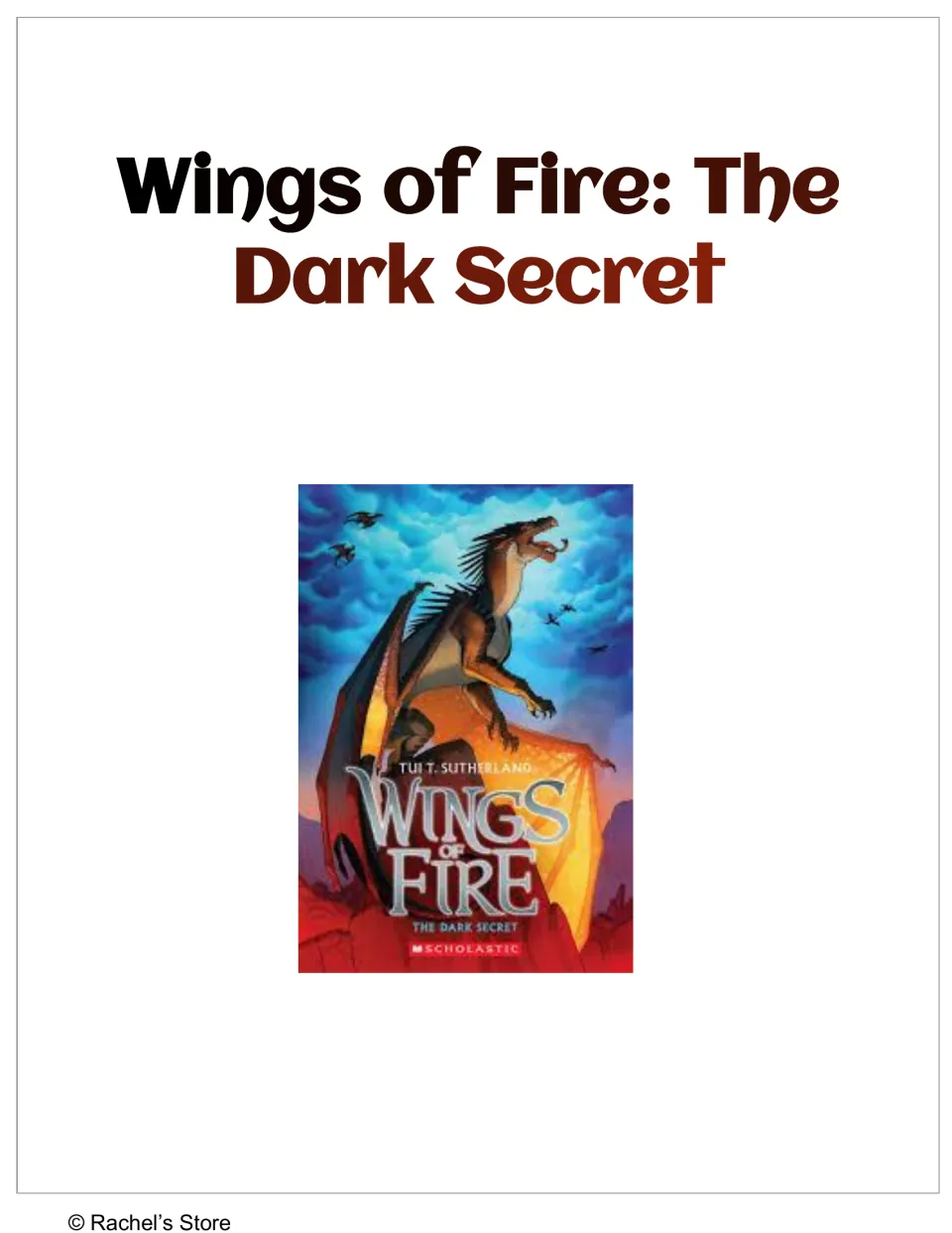 Novel study packet cover titled 'Wings of Fire: The Dark Secret,' featuring the novel's book cover