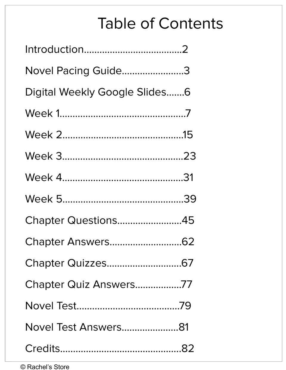 Novel study contents list five weekly sections, chapter questions, quizzes, a novel test, and answer keys