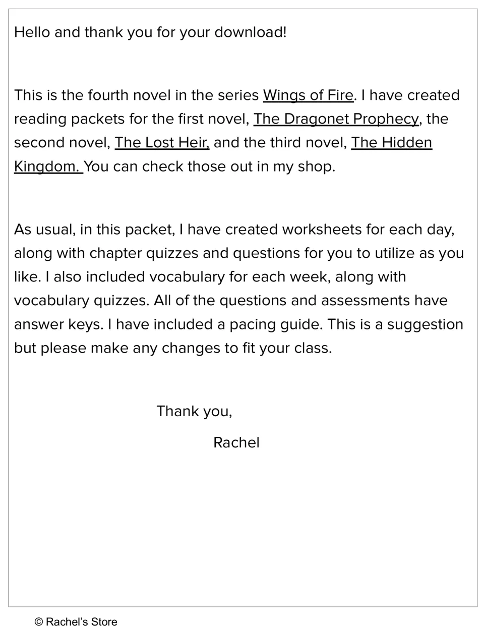 Novel study introduction explains daily worksheets, weekly vocabulary, quizzes, answer keys, and pacing